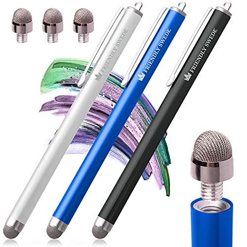 The Friendly Swede Micro-Knit Mesh Tip Capacitive Stylus Pens for Touch Screens with Replaceable Fiber Tip, Stylus Pen for iPad, iPad Pen, iPad Stylus, Styluses, Stylus Pen for iPhone (3 Pack)