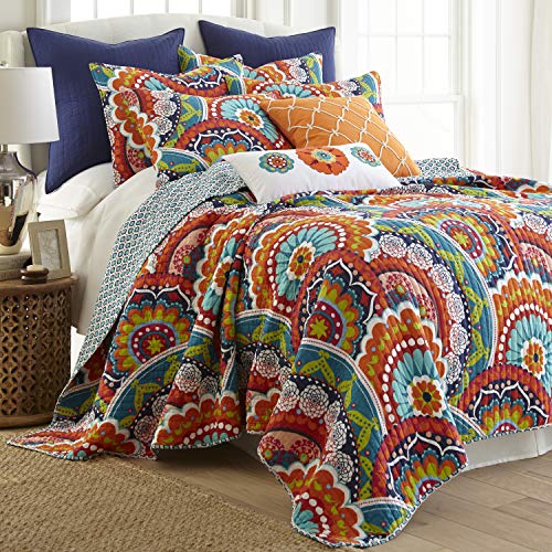 Levtex Home – Serendipity Quilt Set – King Quilt + Two King Pillow Shams – Boho Floral in Orange Teal Red Blue – Quilt Size (106x92in.) and Pillow Sham Size (36x20in.) – Reversible – Cotton