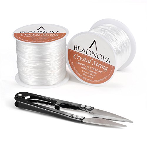 BEADNOVA 1mm Elastic Stretch Jewelry Bracelet Crystal String Cord 60m Roll (2 Roll String with Sewing Fishing Scissors Snips Beading Thread Cutter Embroidery Nippers)