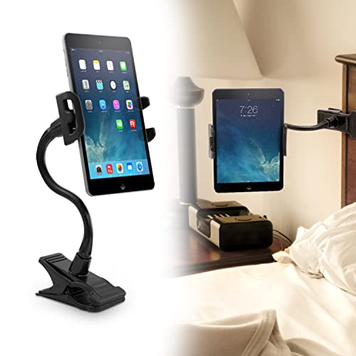Macally Adjustable Gooseneck Tablet Holder & Phone Clip – Works with Phones & Tablets up to 8” – Flexible Phone Holder & Tablet Mount with Clip On Clamp for Desks up to 1.75” Thick (CLIPMOUNT),Black