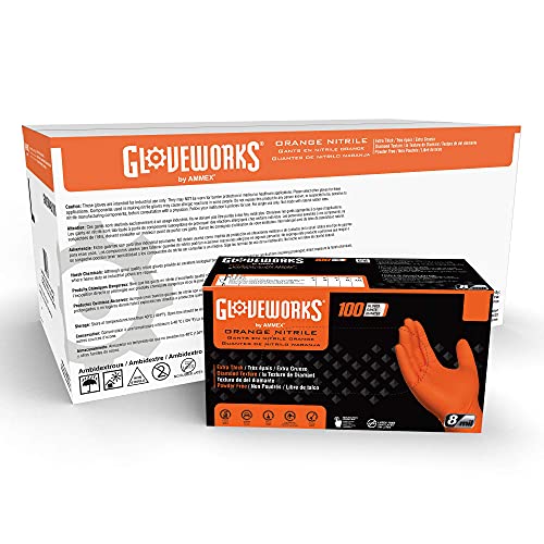 GLOVEWORKS HD Orange Nitrile Industrial Disposable Gloves, 8 Mil, Latex-Free, Raised Diamond Texture, Large, Box of 100