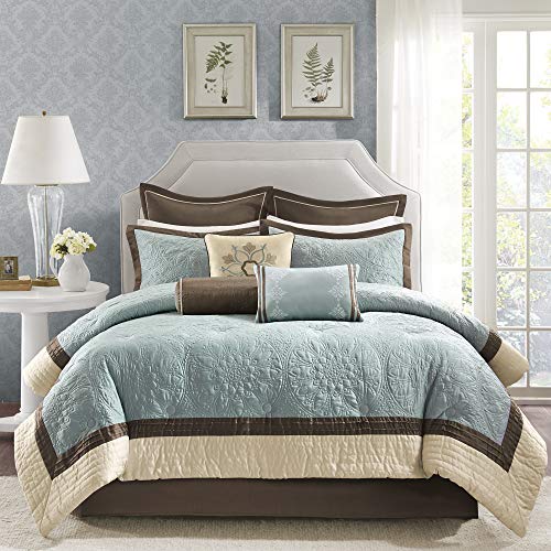 Madison Park Cozy Comforter Set Casual Modern Design All Season, Matching Bed Skirt, Decorative Pillows, King (104 x 92 in), Blue, 9 Piece