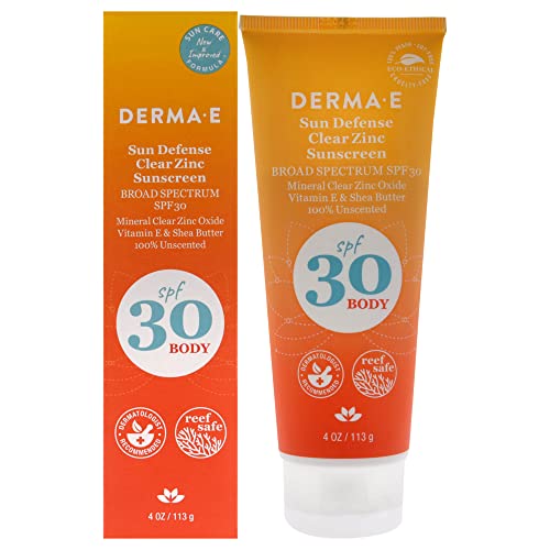 DERMA E Sun Defense Mineral Sunscreen SPF 30 Body – Broad Spectrum Sun Cream – Fragrance Free Zinc Oxide and Titanium Dioxide Aging Reducing Protection, 4 Oz