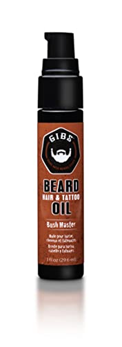 GIBS GROOMING Bush Master Beard, Hair & Tattoo Oil- All-Natural with Nutmeg, Leather, Vanilla & Musk Scent- Softens & Strengthens Beard Growth, Moisturizes Skin, 1 Fl Oz (Pack of 1)