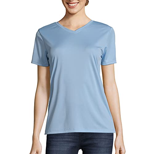 Hanes Women’s Cooldri Short Sleeve Performance V-Neck T-Shirt (1 Pack), Light Blue, Large