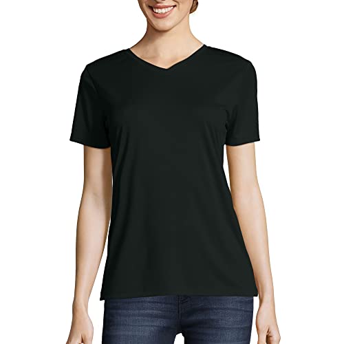 Hanes Women’s Cooldri Short Sleeve Performance V-Neck T-Shirt (1 Pack), Black, Large