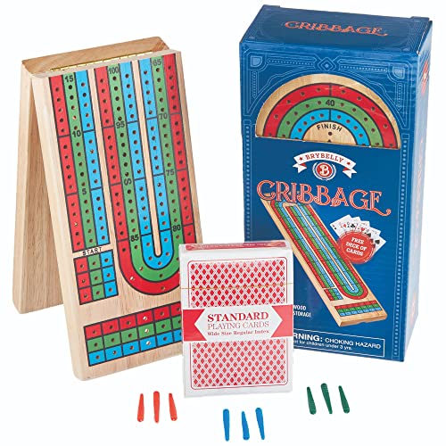 Brybelly Cribbage Board Game Set | Traditional Wooden Board Game, Classic 3-Track Layout and Plastic Pegs | Standard Deck of Playing Cards | 15 in L, 3 1/2 in W, 1/2 in Thick, folds to 7 1/12 in