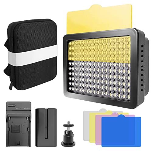 LimoStudio 160 LED Video Light for Digital DSLR Camera, Camcorder, High Brightness Lumen Value, Dimmable Switch with Color Filter Gel, Battery & Charger & Carry Case Bag Included, AGG1318