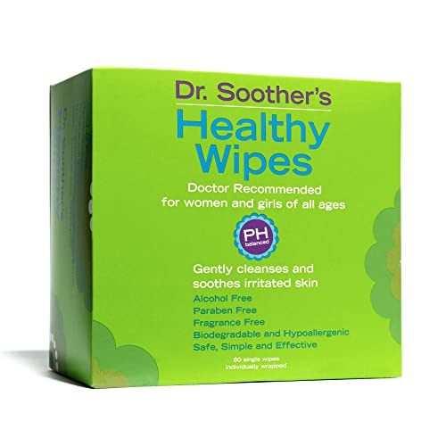 Dr. Soother’s Healthy Wipes – PH Balanced Feminine Hygiene Wipes – Unscented – Hypoallergenic – Alcohol & Fragrance Free – 60 Individually Wrapped Cleansing Wipes for Women & Girls