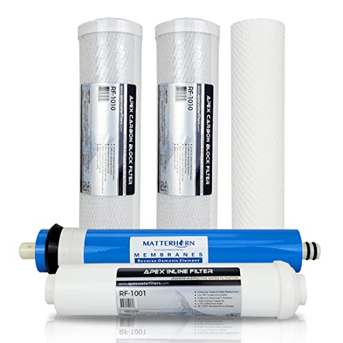 Universal Compatible Standard 10″ 5 stage Reverse Osmosis Replacement Complete Filters Pack with 50 GPD Membrane, Sediment, Dual Carbon block Apex RF 5050