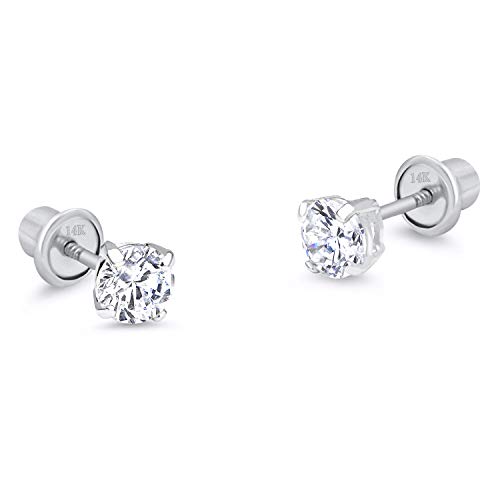 14k White Gold 3mm Basket Round Solitaire Cubic Zirconia Children Screw Back Baby Girls Earrings