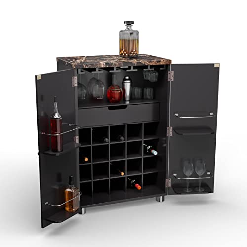SEI Furniture Cape Town Contemporary Bar Liquor and Wine Cabinet with Storage, Faux Marble Countertop with Black Finish