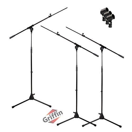 Microphone Stand with Telescopic Boom Arm (Pack of 3) by GRIFFIN | Adjustable Holder Mount For Studio Recording Accessories, Singing Vocal Karaoke, Live Stage DJ | Mic Clip Adapter Tripod Folding Legs