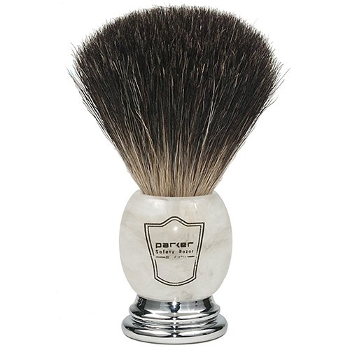 Parker Safety Razor, 100% Black Badger Bristle Shaving Brush with Ivory Marbled Handle – Brush Stand Included