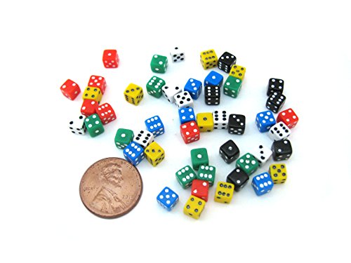 Koplow Games 1816x 50 Six Sided D6 .197″ Die Small Tiny Mini Miniature Multicolored Dice, 5 mm, White/Black/Red/Green/Blue/Yellow, 5mm (Pack of 50)