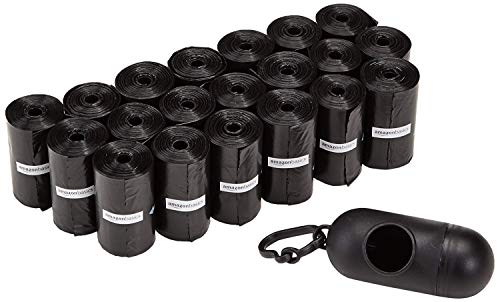 Amazon Basics Unscented Standard Dog Poop Bags with Dispenser and Leash Clip, 13 x 9 Inches, Black – 20 Rolls (300 Bags)