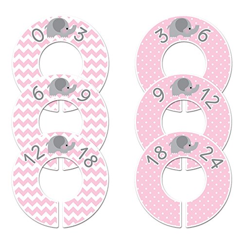 6 Baby Girl Nursery Clothing Size Closet Dividers Pink Elephant (1.25 Inch Rod)