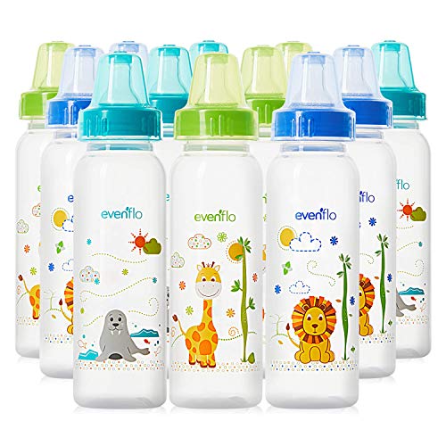 Evenflo Feeding Classic Prints Polypropylene Bottles for Baby, Infant and Newborn – Blue/Green/Teal, 8 Ounce (Pack of 12)