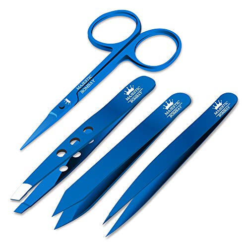Precision Personal Grooming Set Professional Quality Stainless Steel Luxury Tweezers + Nail Scissor in Titanium Blue Perfect for Ingrown Hair, Eyebrow Hair, Nose and Facial Hairs Great for Splinters