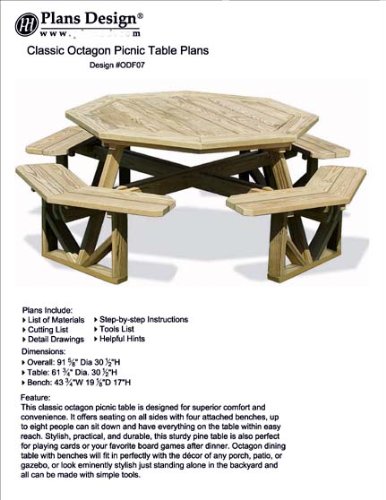 Classic Large Octagon Picnic Table / Bench Woodworking Project Plans Pattern #ODF07