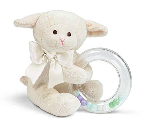 Bearington Baby Lamby Plush Stuffed Animal Cream Lamb Shaker Toy Ring Rattle, 5.5″