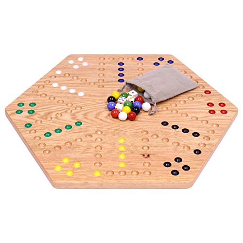 AmishToyBox.com Wahoo Marble Game Board Set – 20″ Wide – Solid Oak Wood – Double-Sided – with Large 18mm Marbles and Dice Included
