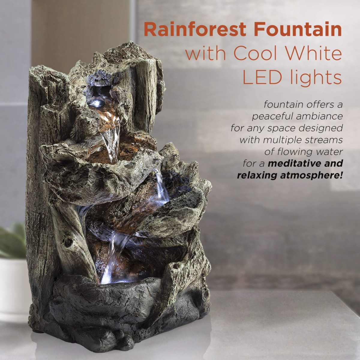 Alpine Corporation 14″ Tall Indoor/Outdoor Tiered Log Tabletop Fountain with LED Lights, Beige | The Storepaperoomates Retail Market - Fast Affordable Shopping