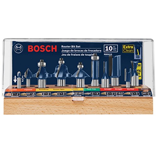 BOSCH RBS010 1/2-Inch and 1/4-Inch Shank Carbide-Tipped All-Purpose Professional Router Bit Set, 10-Piece