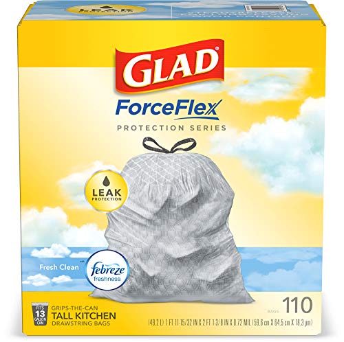 Glad ForceFlex Protection Series Tall Kitchen Trash Bags, 13 Gal, Fresh Clean with Febreze, 110 Ct (Package May Vary)