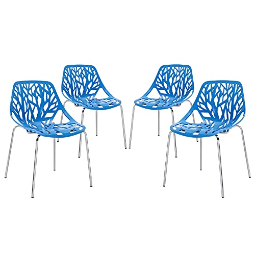 Modway Stencil Modern Stacking Four Kitchen and Dining Room Chairs in Blue