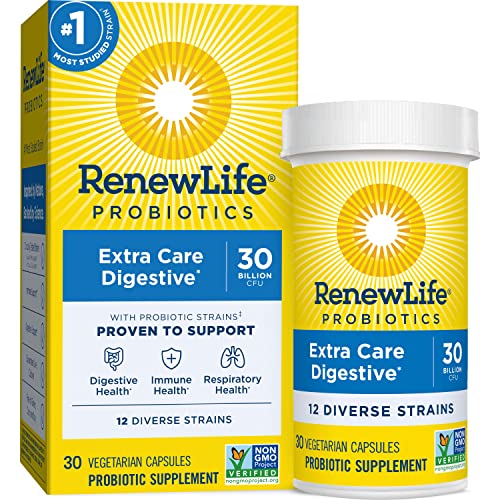 Renew Life Adult Probiotics, 30 Billion CFU Guaranteed, Probiotic Supplement for Digestive & Immune Health, Shelf Stable, Gluten Free, Extra Care, For Men & Women, 30 Capsules