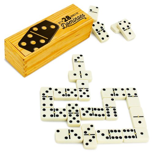 Brybelly Double Six Dominoes with Brass Spinners in Wooden Storage Box, Set of 28