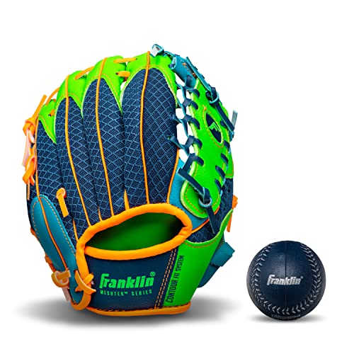 Franklin Sports Kids Baseball Gloves – Meshtek Child’s Tball Glove + Ball Set – Boys + Girls Teeball Mitt Set – Kids + Toddler Right Hand Throw – 9.5″ – Navy/Lime/Orange