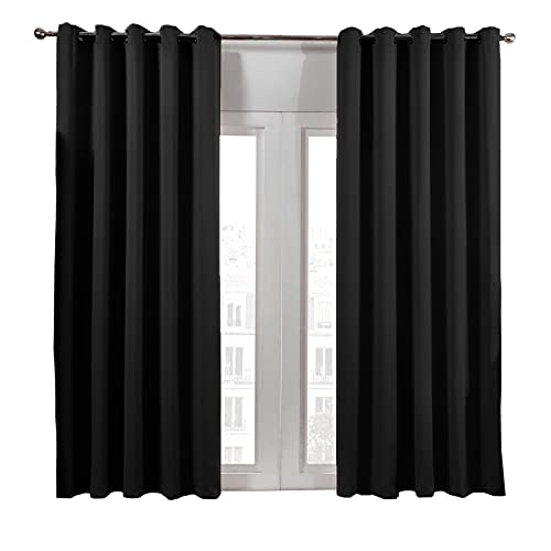 Dreamscene Bedroom Curtains Black 100% Blackout Curtains 2 Panels Grommet Top Window Treatments for Bedroom Living Room Kitchen Width 52″ x Length 63″