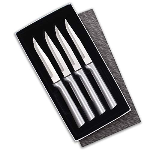 Rada Cutlery Serrated Steak Knife Set Stainless Steel Knives with Brushed Aluminum, Set of 4, 7 3/4, Silver Handle