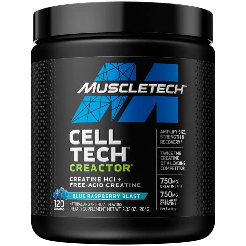 Creatine Powder | MuscleTech Cell-Tech Creactor | HCl Formula | Muscle Builder for Men & Women | Creatine HCl + Free-Acid Creatine | Creatine Supplements | Blue Raspberry Blast, 120 Servings