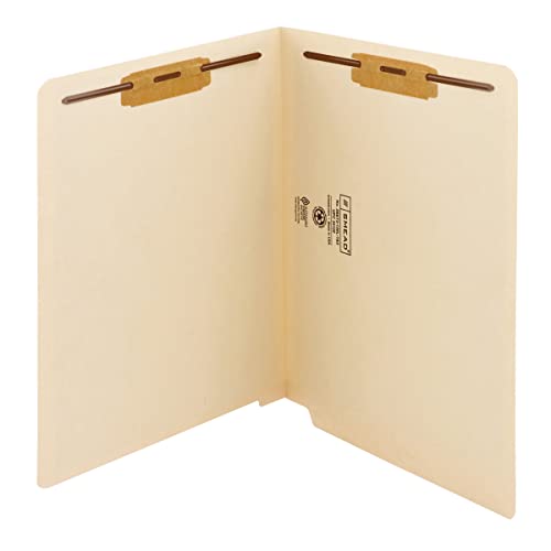 Smead Watershed/CutLess End Tab Fastener File Folder, Reinforced Straight-Cut Tab, 2 Fasteners, Letter Size, Manila, 50 per Box (34130)