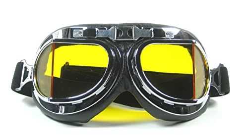 CRG Sports Vintage Aviator Pilot Style Motorcycle Cruiser Scooter Goggle T08 T08SYB Yellow lens, silver frame, black padding