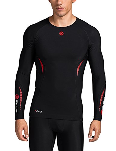 Skins Men’s Thermal Long Sleeve Compression Top with Round Neck, Black/Fierce Red, Medium