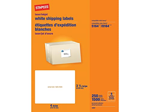 Staples White Shipping Labels 4 x 3 1/3 250 Sheets 1500 Labels