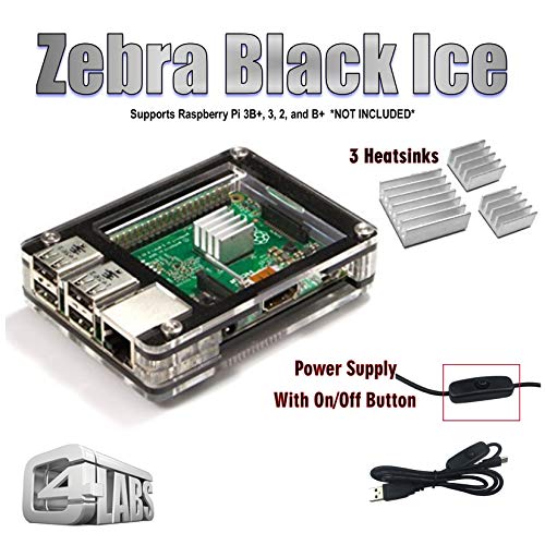 C4Labs Zebra Case Kit for Raspberry Pi 3B+, 3, 2, 2B and B+ Heat Sinks and Power Cord Included-Black Ice