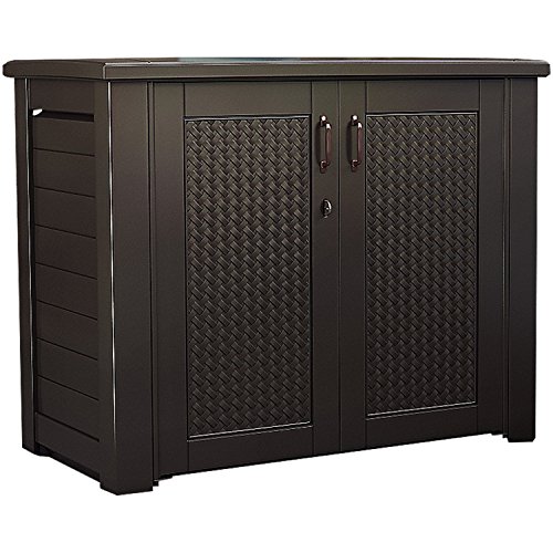 Rubbermaid Extra Large Decorative Patio Storage Cabinet, Weather Resistant, 123 Gal., Dark Teakwood, for Garden/Backyard/Home/Pool