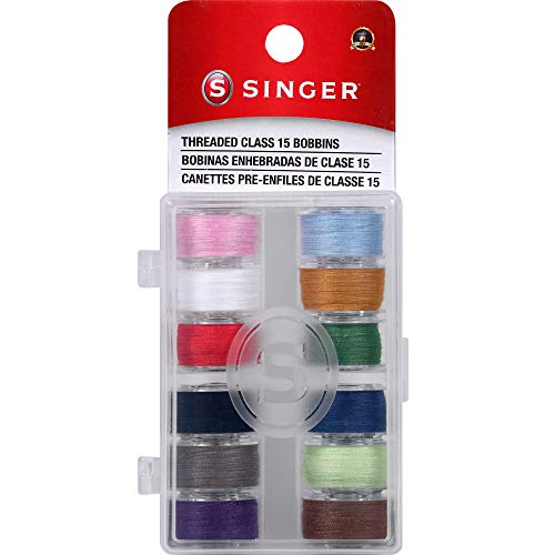 SINGER 21495 Class 15 Threaded Bobbins, Transparent, Assorted Colors, 12-Count
