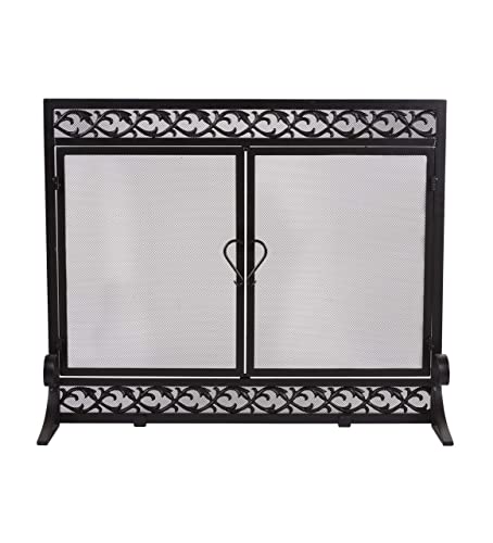 Plow & Hearth Metal Fireplace Screen Scrollwork Black | 38″ W x 31″ H | 2 – Door | Spark Guard Indoor Grate | Iron Fire Place Cover | Wood Burning Stove Decorative Accessories