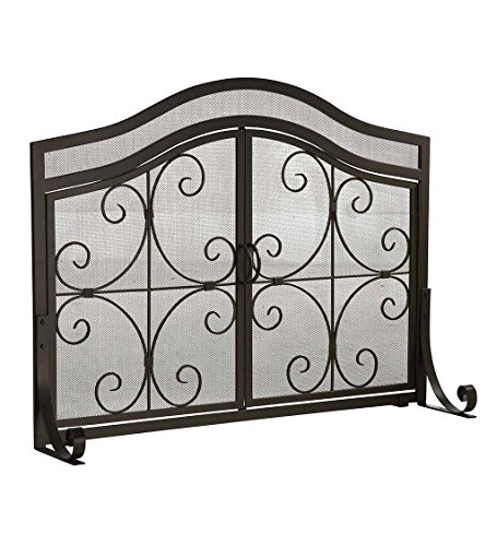 Plow & Hearth Metal Fireplace Screen Crest Arch Black | 44″ W x 33″ H | 2 – Door | Spark Guard Indoor Grate | Iron Fire Place Cover | Wood Burning Stove Decorative Accessories