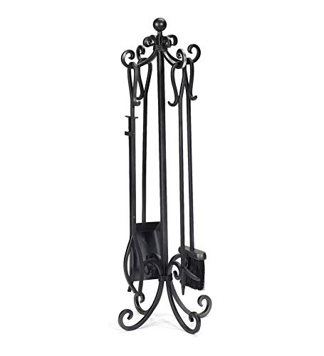 Plow & Hearth Crest Fireplace 4-Piece Tool Set with Stand, Solid Steel, Convenient Hanging Loops, Tongs, Poker, Shovel, Broom, Decorative and Functional, Approx. 12″” diam. x 34¾”” H (Black)