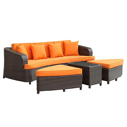Modway Monterey Wicker Rattan 4-Piece Outdoor Patio Sectional Sofa Furniture Set with Cushions in Brown Orange