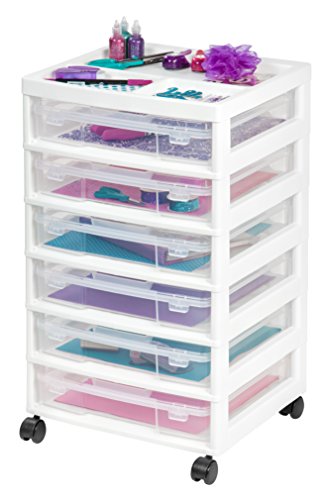 IRIS USA 6-Tier Scrapbook Storage Cart with Organizer Top for Papers, Vinyl, Tools, Office, Art and Crafting Supplies, White Frame with 6 Clear Scrapbooking Drawer Cases, 1-Pack