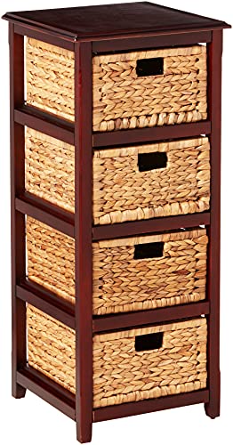 OSP Home Furnishings Seabrook Storage Tower with Solid Wood Frame and Natural Baskets, 4-Drawer, Espresso Finish
