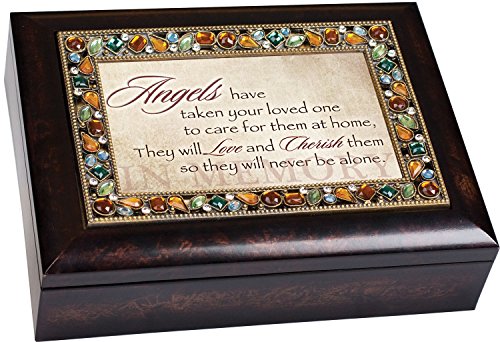 Cottage Garden Angels Care for Them at Home Sympathy Bereavement Jeweled Lid Musical Jewelry Box with Dark Burl Wood Finish – Plays On Eagle’s Wings